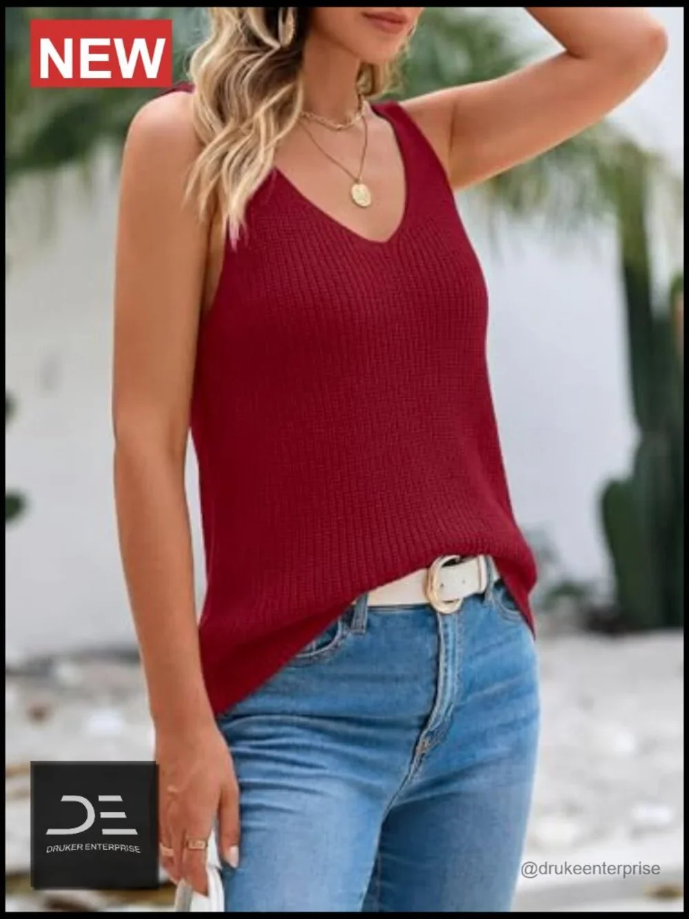 Sleeveless V-Neck Knit Sweater Vest Tank Top Casual Loose Crochet Tops